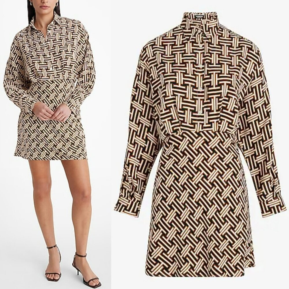 Express Printed Collared Half Button Up Mini Port… - image 1